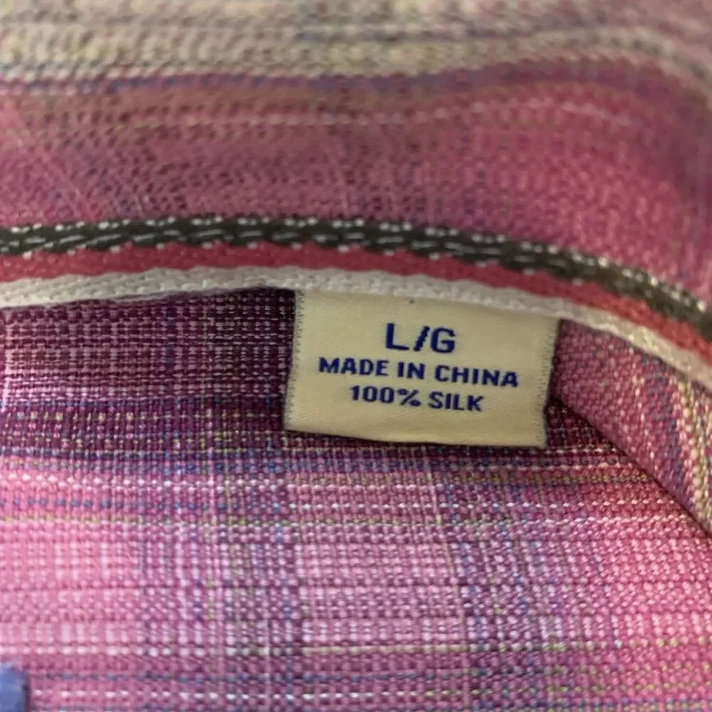 Tommy Bahama 100% Silk Mens Plaid Button-Front Shirt Pink/Cream w/Brown Buttons